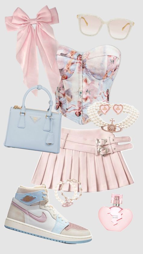 Outfit Inspo! #outfitinspo #outfit #outfitideas #outfitinspiration #fashion #fashioninspo #style #pink #pinkaesthetic #blue #pastel #cute #summer #spring #y2k #preppy #streetwear #girly #trendy #fyp Pastel Y2k Outfit, Pink And Blue Aesthetic Outfit, Pastel Pink And Blue Outfit, Girly Y2k Outfits, Pastel Core Outfits, Pastel Summer Outfits, Blue Pink Outfit, Pink And Blue Outfits, Blue And Pink Outfit