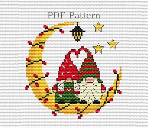 Christmas Gnomes and Moon Cross Stitch Pattern Winter Gnomes | Etsy Christmas Gnomes Cross Stitch, Moon Cross Stitch Pattern, Winter Gnomes, Gnome Family, Gnome Couple, Gnome Cross Stitch, Moon Cross Stitch, Christmas Bookmarks, Christmas Alphabet