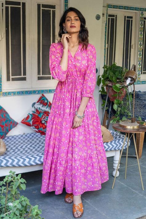 Buy #pink lotus block #printed layered #cotton #maxi dress with front knot tie-up by #RivaajClothing at #AzaFashions Shop online now at #Azafashions.com Call +12132135273 or email contactus@azafashions.com for enquiries. #wedding #festive #ethnic #tradional #shopping #shoponline #party #reception #bride Maxi Dress Indian, Reception Bride, Set Saree, Cotton Maxi Dress, T Dress, Kurta Designs Women, Dress Indian, Pink Lotus, Ethnic Outfits