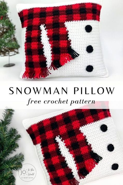 Are you looking for fun Christmas crochet projects? Here is a beautiful Christmas snowman crochet pillow case that you can leave out all winter. This free cute cushion cover pattern is great to put on the couch during Christmas days. The kids will definitely love it. Take a look at the free tutorial to make this crochet snowman pillow. Crochet Winter Pillow Cover, Crochet Tree Pillow Pattern, Crochet Snowman Blanket, Crochet Xmas Pillows, Crochet Christmas Tree Pillow Pattern, Crochet Snowman Pillow Free Pattern, Christmas Crochet Pillow Patterns Free, Christmas Pillow Crochet Patterns Free, Crochet Christmas Pillow Cover