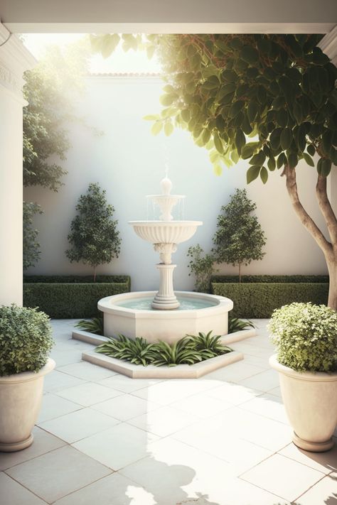 Inspiration garden planter idea. Garden Design Fountain, Small Front Yard Water Fountain Ideas, Fountain In Front Of House Entrance, Fountain In Courtyard, French Fountain Garden, Courtyard Fountain Ideas, Italian Courtyard Ideas, European Courtyard Garden, Small Fountains Outdoor