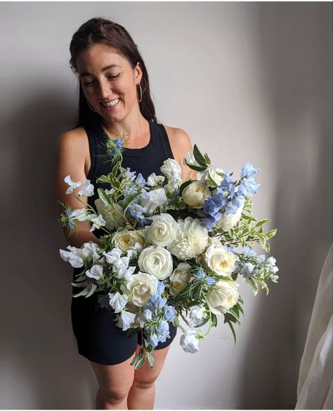 Cool Toned Wedding Bouquet, Blue And Cream Flowers, Diy Dusty Blue Wedding Bouquet, White And Light Blue Wedding Bouquet, Blue And White Bride Bouquet, Bouncy Bridal Bouquet, Wedding Bouquets With Hydrangeas, White And Blue Wedding Bouquet, Large Bridal Bouquet