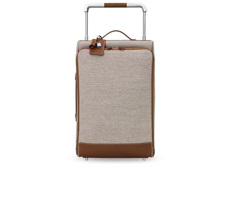 Calèche-express  Hermes rolling luggage in ecru/taupe water-resistant H Tech canvas and fawn barenia calfskin, brushed silver and palladium-plated hardware. Inside: compartment lined with chevron weave, zipped pockets on either side for personal items, large zipped pocket on the closure flap to hold documents and two cotton straps to hold clothing and leather closure flap. Outer applied pocket on the back and protective pouch in ebony nylon mezzo weave.  14" x 21.5" x 10" Hermes Travel Bag, Trolley Bags, Luggage Bags Travel, Leather Luggage, Jute Bags, Big Bags, Hermes Bags, Suitcases, Travel Gear