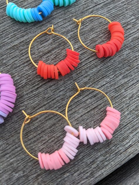 Heishi Clay Two Tone Hoop Earrings/heishi Polymer Clay | Etsy Pulseras Aesthetic, Heishi Jewelry, Hoops With Charms, Crazy Earrings, Earring Inspo, Beaded Jewelry Earrings, Fimo Jewelry, Poly Clay, Polymer Clay Jewelry Diy