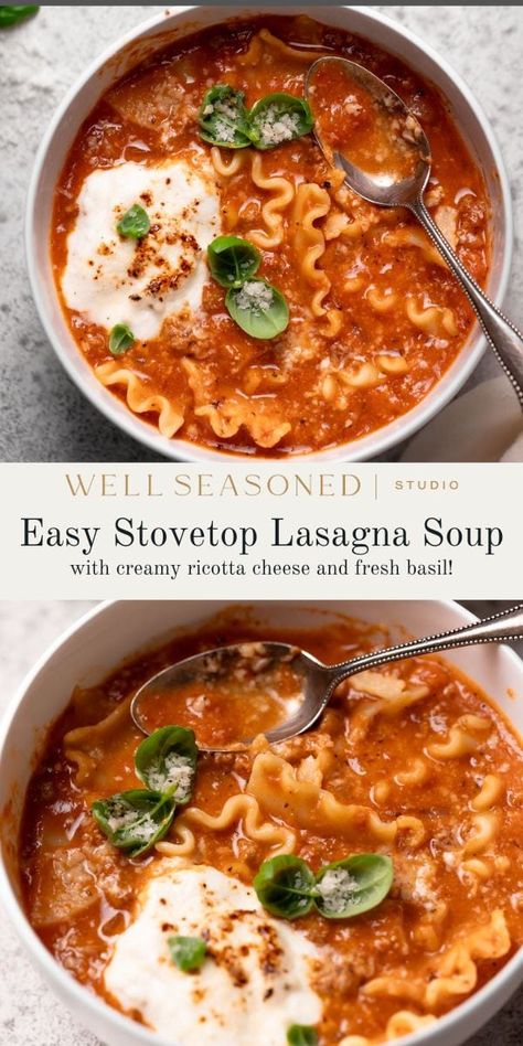 Easy Stovetop Lasagna Soup Lasagna Soup Without Meat, Cooking Classy Lasagna Soup, Lasagna Soup Macy Blackwell, Lasagna Soup No Meat, Lasagna Soup Bowtie Pasta, Soup Recipes Small Batch, Lasagna Soup With Chicken Broth, Lasagna Small Batch, Recipes For Lasagna Soup