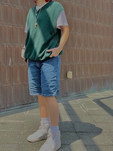 Outfits With Green Vest, Green Sweater Vest Outfit, High Top Air Forces, Thrift Core, Thrift List, Thrift Ideas, Earthy Girl, Green Sweater Vest, Sweater Vest Outfit