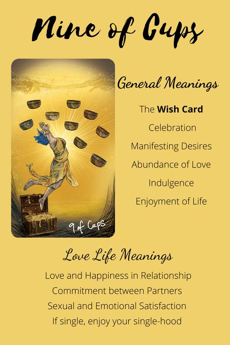 All about the nine of cups in tarot. Learn what this card means in general as well as in a love life reading. Light Seers Tarot Cards Meaning, 9 Of Cups Tarot Meaning, Nine Of Cups Tarot Meaning, Nine Of Cups Tarot, Cups In Tarot, Light Seers Tarot, Cups Tarot Meaning, 9 Of Cups, Manifest A Boyfriend