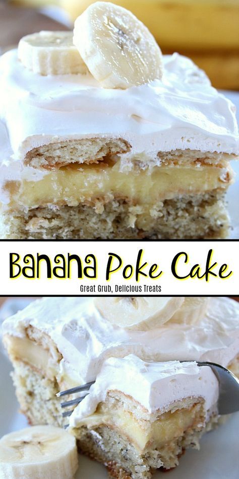 Banana Poke Cake is a delicious banana cake recipe topped with banana pudding, cool whip and fresh banana slices. #banana #cake #desserts #pokecake #homemade #greatgrubdelicioustreats Banana Pudding Cool Whip, Cool Whip Banana Pudding, Banana Poke Cake, Refrigerator Desserts, Banana Desserts, Butter Cakes, Banana Bread Cake, Box Cakes, Cake Banana