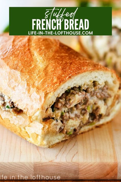 French Loaf Recipe Stuffed, Stuffed Sandwich Loaf, Stuffed French Bread Appetizers, Bread Loaf Dinner Ideas, French Roll Dinner Ideas, French Bread Boat Recipes, Sandwiches On French Bread, Recipes With Italian Bread Loaf, French Bread Toppings Recipes