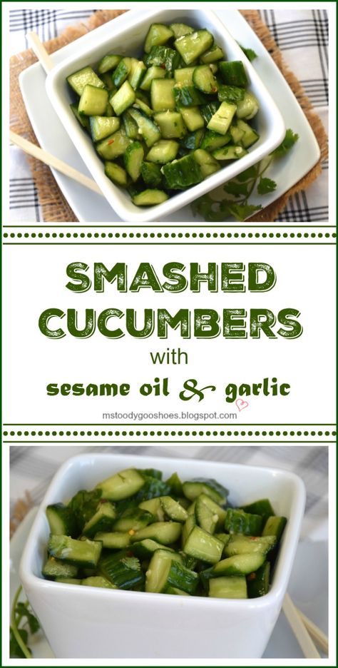 Chinese Smashed Cucumbers With Sesame Oil and Garlic | Ms. Toody Goo Shoes Broccoli Garlic Sauce, Smashed Cucumbers, Chinese Coleslaw, Vegetable Cooking, Healthy Veggie, Chinese Vegetables, Mini Cucumbers, Authentic Chinese Recipes, Dumplings For Soup