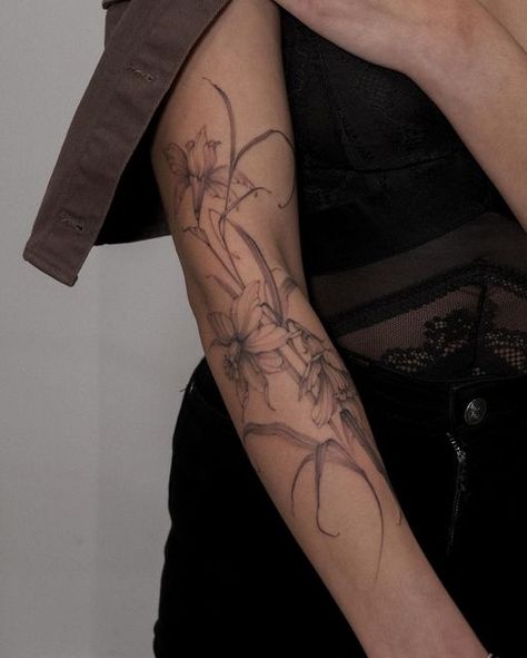 Water Lily Forearm Tattoo, Orchid Forearm Tattoo, Arm Flower Tattoos For Women, Big Flower Tattoos, Daffodils Tattoo, Flower Tattoo On Arm, Arm Flower Tattoo, Lilies Tattoo, Stargazer Lily Tattoo