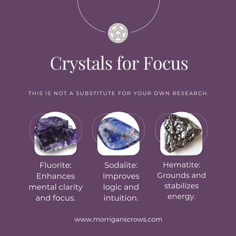 For August, let’s enhance focus with these crystals: Fluorite: Enhances mental clarity and focus, ideal for study or work. Sodalite: Improves logic and intuition, aiding decision-making. Hematite: Grounds and stabilizes energy, increasing productivity. These crystals will sharpen your focus this month. #Focus #Clarity #Productivity #Grounding #WitchesOfInstagram #WitchyVibes #MysticalMondays #PagansOfInstagram #WitchCrafting #WiccanLife #MagicIsReal #WitchyWoman #GreenWitchery #HearthWitchery... Crystals For Studying And Focus, Crystals For Studying, Crystals Fluorite, Pagan Lifestyle, Increasing Productivity, Traditional Witchcraft, Kitchen Witchery, Edgy Jewelry, Magical Life