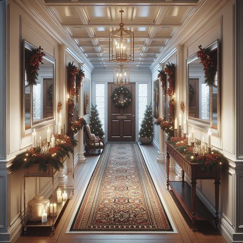 The hallway should be embellished with tasteful Christmas decorations, potentially showcasing a runner rug with a festive pattern, a wooden side table with an antique style, and a ceiling with white crown molding. On the walls, imagine silver mirrors framed in dark mahogany and Christmas garlands draped around them. Consider candles with a warm glow, placed on the side table, and a classic wreath adorning the front door at the end of the hall. This scene can act as a remodeling reference. Christmas Decoration Hallway, Christmas Hallway Decor, Christmas Hallway Decorations, Decorate A Hallway, Hallway Decorating Ideas, Hotel Decorations, Hallway Decorations, Christmas Hallway, Dream Christmas