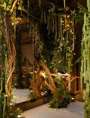 Indoor Forest Wedding | 31 more photos on PartySlate Indoor Forest Wedding, 1 Hotel Brooklyn Bridge, Garden Centerpieces, Indoor Forest, Forest Wedding Decorations, Midsummer Nights Dream Party, Hobbit Wedding, Overgrown Garden, Enchanted Forest Theme