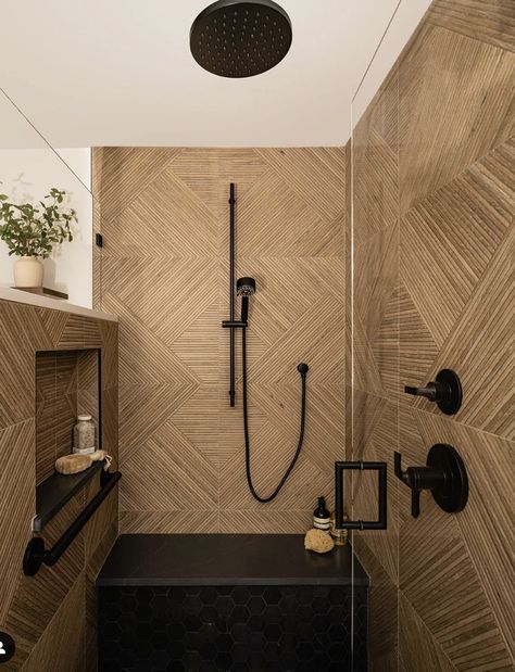 Spa Shower Ideas, Shower With Bench, Brown Tile Bathroom, Wood Tile Shower, Tile Walk In Shower, Wood Tile Bathroom, Subway Tile Showers, Bathroom Oasis, Marble Showers