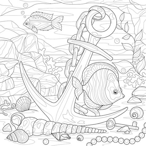 Seabed Drawing, Underwater Scene Drawing, Aquatic Drawings, Coloring Hobby, Anchor Illustration, Fish Sketch, Colouring Pictures, Scene Drawing, Background Drawing