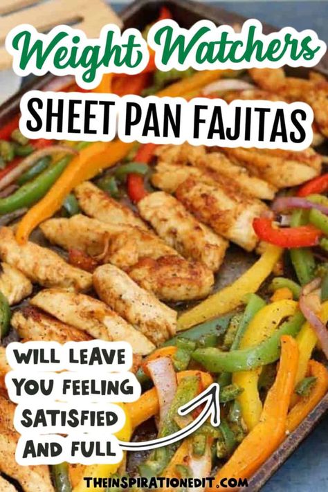 sheet pan fajitas on sheet pan Healthy Chicken Fajitas, Sheet Pan Fajitas, Pan Fajitas, Weight Watchers Meals Dinner, Ww Dinner, Easy Chicken Fajitas, Weight Watchers Plan, Weight Watchers Meal Plans, Weight Watchers Recipes Desserts