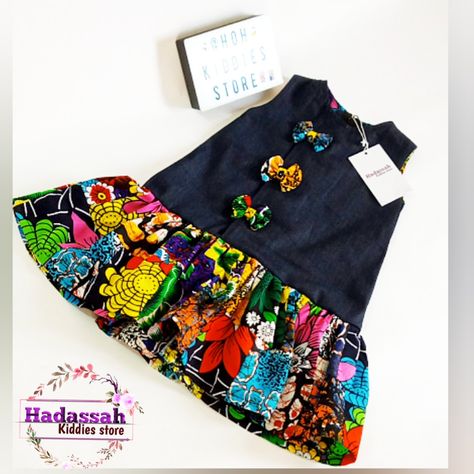 Denim and Ankara mix gown for kids Babies Gown Styles, Ankara Gown For Kids Girl, Ankara Baby Gown, Ankara Style For Kids, Ankara Gown For Kids, Ankara For Kids, Children Ankara Gowns, Kids Gown Design, Baby African Clothes