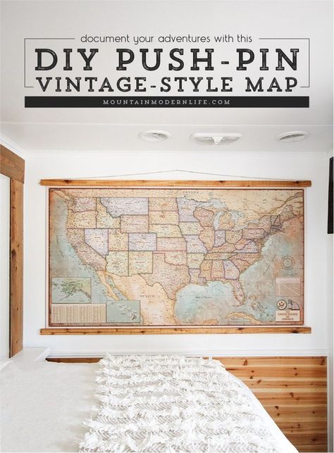 Whether you love to travel, plan to, or simply dream of doing it someday, this DIY push pin vintage-style map is the perfect way to document your adventures! MountainModernLife.com Diy Push Pins, Travel Map Diy, Camper Reno, Rv Renovation, Pushpin Travel Map, Map Wall Decor, Rv Decor, Mountain Modern, Travel Plan