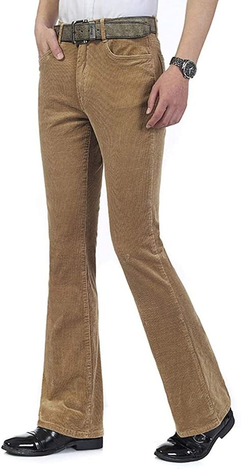 HAORUN Men Corduroy Bell Bottom Flares Pants Slim Fit 60s 70s Vintage Bootcut Trousers Khaki at Amazon Men’s Clothing store Bootcut Jeans Outfit Men, Hippie Outfits Men, 70s Costumes, History Of Jeans, 70s Mens Fashion, 70s Pants, 70s Jeans, 1970s Men, 70s Costume