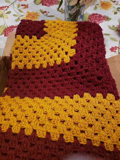 Red And Yellow Crochet Blanket, Crochet Blankets Orange, Burgundy Crochet Blanket, Gryffindor Blanket, Red Yellow Blue Crochet Blanket, Yellow Blankets, Knitting Hacks, Baby Blanket Crochet Pattern, Baby Blanket Crochet