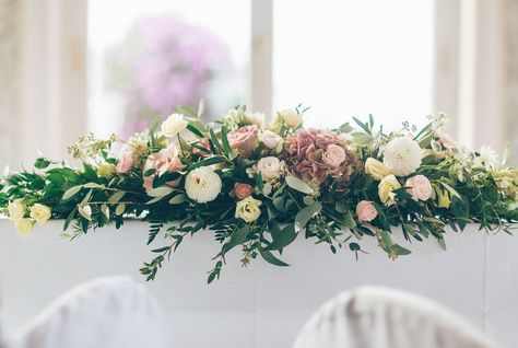 Long Low Flower Arrangement, Ceremony Table Flowers, Long Flower Arrangements, Long And Low Flower Arrangement, Long Table Flower Arrangements, Long Low Table, Wedding Top Table Flowers, Entrance Steps, Top Table Flowers