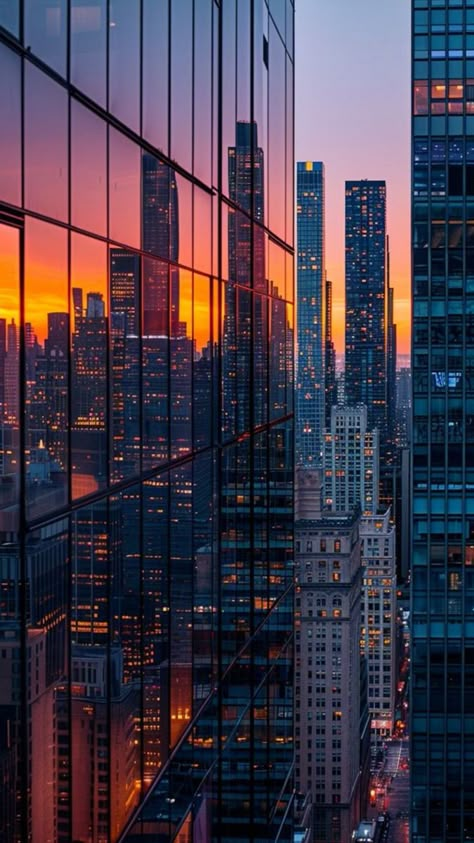 Pretty Cityscapes, Sunset Building Aesthetic, Skyscrapers Aesthetic, Urban City Aesthetic, Sunset Aesthetic City, City Sunset Aesthetic, Cityscape Reflection, Skyscraper Aesthetic, Cityscape Aesthetic