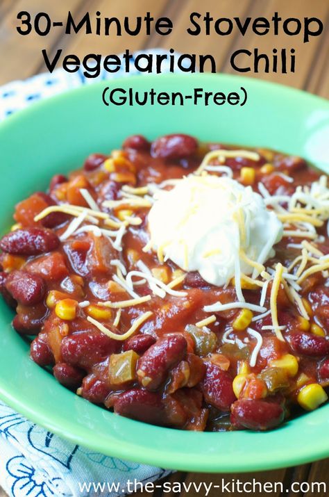 The Savvy Kitchen: 30-Minute Stovetop Vegetarian Chili (Gluten-Free) Meatless Chili Recipe, No Meat Chili Recipe, Gluten Free Chili Recipe, Easy Vegetarian Chili Recipe, Easy Vegan Chili, Chili Recipe Stovetop, Stovetop Chili, Meatless Chili, Vegetarian Chili Easy