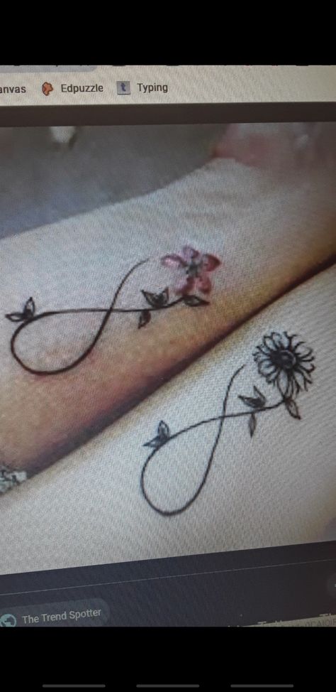 Infinity symbol tattoo idea with flowers(sunflower and Hawaiian flower) Sunflower And Infinity Tattoo, Infinity Tattoo With Lily, Infinity Sunflower Tattoo, Daisy Infinity Tattoo, Sunflower Infinity Tattoo, Eternity Symbol Tattoo, Infinity Tattoo With Flowers, Lovebirds Tattoo, Lovebird Tattoo