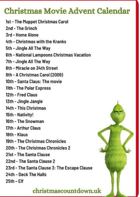 Christmas Movie Every Day Of December, Cute Christmas Advent Calendar, Christmas Film Advent Calendar, Christmas Movies Advent Calendar, Christmas Movies To Watch Every Day Of December, Christmas Movie Calendar 2023, Christmas Decoration List, Christmas With List Ideas, Christmas Movie List 2023