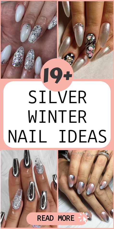 Get your nails winter-ready with gorgeous silver nail designs that capture the essence of the season. Whether you prefer chic metallic patterns or delicate frosty details, these ideas will take your manicure to the next level. Add a touch of sparkle to your look and let your nails shine like snowflakes all winter long. Discover inspiring nail art that will keep your fingertips looking fabulous! Glitter Nails Silver Sparkle, Gray Fingernail Designs, Clear And Silver Acrylic Nails, Christmas Nails Acrylic Silver, Short Silver Almond Nails, Silver Chrome Pedicure, Silver And Gold Manicure, Silver Glitter Fade Nails, Silver Wedding Nail Ideas