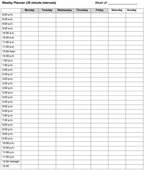 Weekly Planner: 30 minute intervals - Learning Center Weekly Revision Timetable, Daily Schedule Template Time Management, Revision Timetable Template Printable, Weekly Planner Timetable, Weekly Timetable Template, Revision Timetable Template, Free Weekly Calendar, Free Printable Weekly Calendar, Revision Timetable