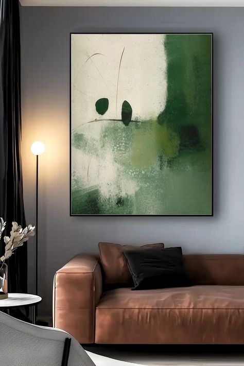 Green abstract original handmade painting with minimalist design featuring dark green shapes on beige background, perfect for modern wall art Green Painting Ideas Art, Painting Ideas Art Acrylic, Dark Green Canvas Painting, Green Painting Ideas Art Acrylic, Dark Green Art Paintings, Forest Green Artwork, Green Painting Ideas, Dark Green Abstract Art, Forest Green Abstract Art