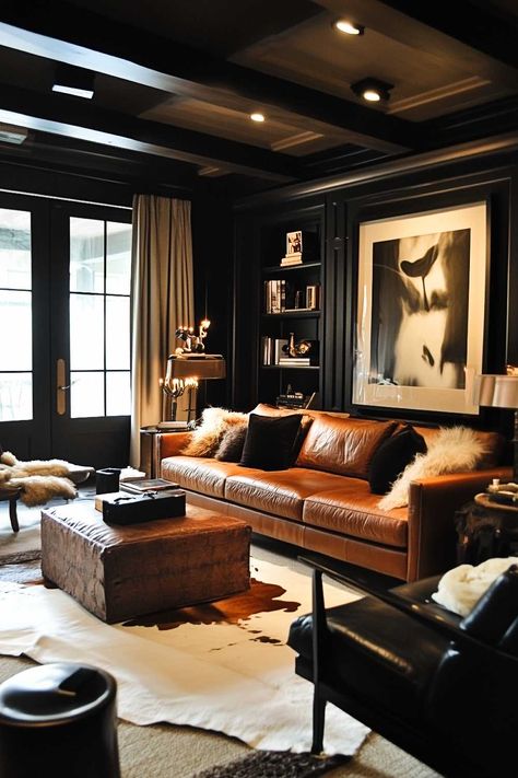 50+ Masculine Cozy Living Room Inspirations With Character & Class Masculine Centerpieces, Masculine Living Rooms, Bourbon Room, Masculine Bathroom, Timothy Oulton, Ideas For Decorating, Dark Walls, Cozy Living Rooms, Living Room Inspiration