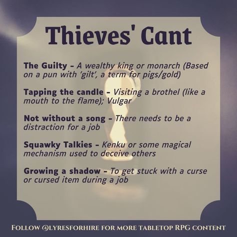 A Dictionary-style post detailing a selection of phrases to be used by Thief characters in RPGs Thieves Cant, Dnd Languages, Fictional Languages, Campaign Planning, Dungeon Master's Guide, Dnd Funny, Dnd 5e Homebrew, Dnd Dragons, Rpg Characters