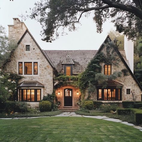 Old And Modern House, Cottage Inspired Home Exterior, Stone English Cottage, Tuscan Style Home Exterior, Stone Cottage Homes Exterior, Tuscan Cottage Exterior, Southern Brick House Exterior, English Cottage Home Plans, Old World Home Exterior