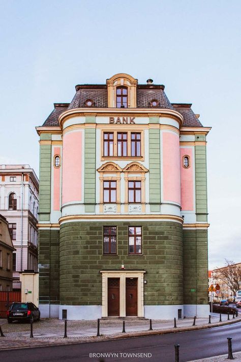 green and pink bank building wroclaw poland Europe Building Architecture, Poland Buildings, Poland House, Old Bank Building, Poland Architecture, Poland Wroclaw, Store Architecture, Bank Building, Wroclaw Poland