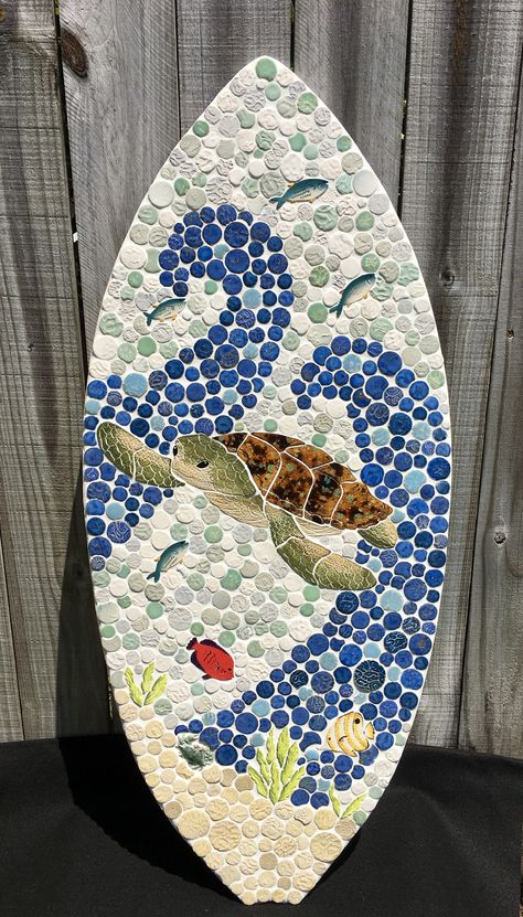 Mosaic Sea Life, Turtle Surfboard, Turtle Mosaic, Surfboard Wall Decor, Floor Inlay, Turtle Wall Decor, Mosaic Art Diy, Surfboard Decor, Surfboard Shapes