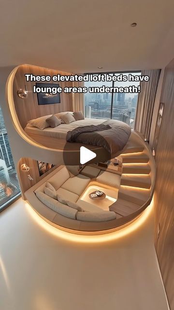 Inspiring Designs on Instagram: "Incredible elevated loft beds that have a lounge area below! This might be my dream bed! 😱😱
#interiordesign #cozy #aesthetic #homerenovation" Round Bed Designs, Home Decor Ideas Apartment, Amazing Interior Design, Round Beds, Loft Beds, Dreams Beds, Cozy Aesthetic, Lounge Area, Awesome Bedrooms