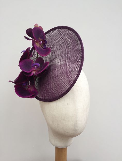 Purple Hat Fascinator For Wedding, Luxury Purple Fascinator For Spring, Elegant Purple Flower Fascinator, Fascinator Ideas, Saucer Hat, Luxury Purple Wide-brim Hat, Mystical Garden, Purple Hat-shaped Fascinator For Wedding, Tea Party Attire