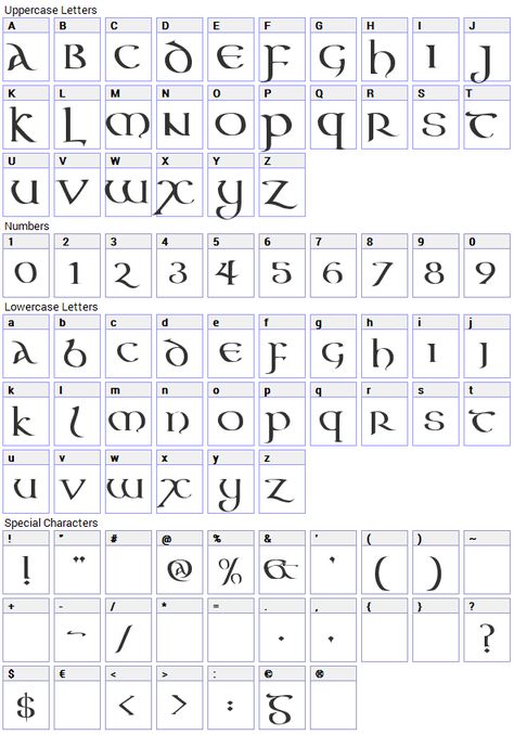 Aon Cari Celtic Font Character Map Celtic Calligraphy Alphabet, Celtic Numbers Font, Medieval Font Calligraphy, Celtic Numbers, Tarot Font, Celtic Calligraphy, Celtic Writing, Celtic Lettering, Celtic Letters