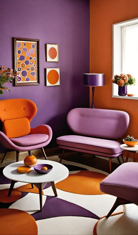 Mid Century Purple, Purple Artwork, Lavender And Orange, Mid Century Bedroom, Mid Century Mod, Modern Bedroom, Home Deco, Reno, Century Modern