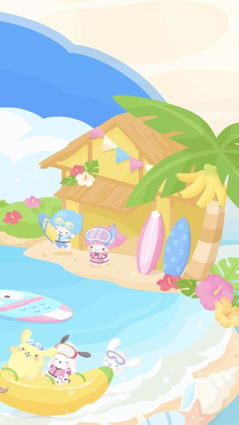 Summer Wallpaper Kawaii, Summer Sanrio Wallpaper, Kawaii Summer Wallpaper, Hawaii Sanrio, Summer Sanrio, Sanrio Summer, Hawaii Wallpaper, Sanrio Birthday, Sanrio Art