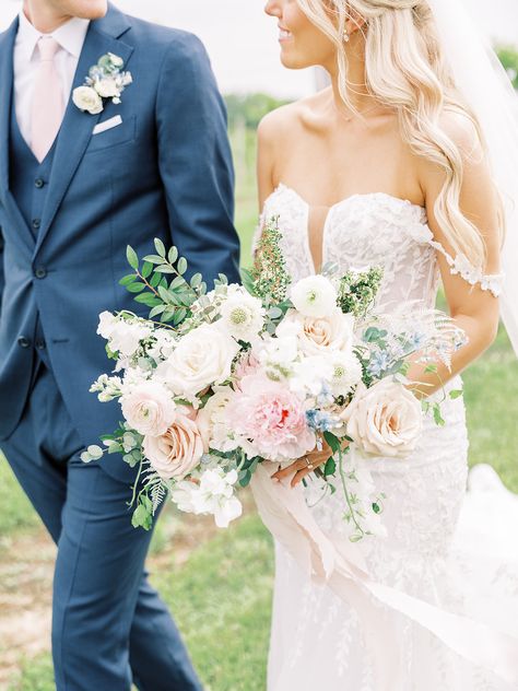 Pink Blue Wedding Bouquet, Blue And Pink Wedding Florals, Blue And Pink Wedding Flowers, Pastel Wedding Florals, Flower Color Palette, Traditional Bouquet, Elevated Wedding, Real Wedding Flowers, Blue And Blush Wedding