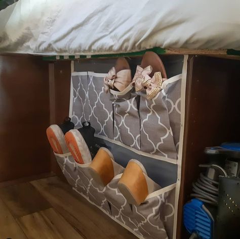 10 Creative RV Bedroom Organization Ideas! — Cool Mom and Collected Rv Shoe Storage Ideas, Over Bed Shelf, Rv Shoe Storage, Rv Camping Hacks, Rv Storage Ideas, Big Dresser, Campsite Decorating, Rv Life Hacks, Bed Shelf