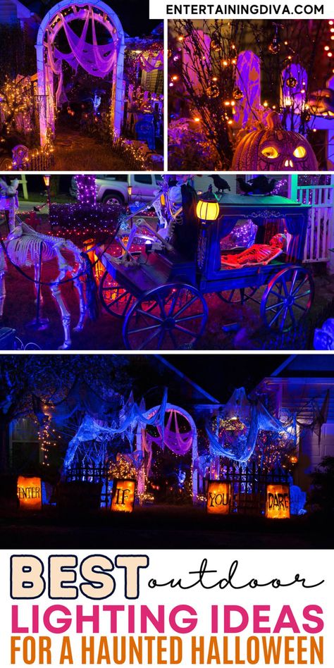 Best Outdoor Lighting Ideas For A Haunted Halloween Spooky Outdoor Halloween Decorations, Front Yard Halloween, Spooky Outdoor Halloween Decor, Halloween Lighting, Halloween Lighting Outdoor, Halloween Table Settings, Halloween Haunted House Decorations, Outdoor Lighting Ideas, Best Outdoor Lighting