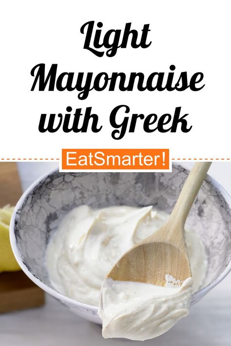 Klassiker mal anders: Light Mayonnaise with Greek Yogurt - (Basic Recipe) - few calories - quick recipe - simple dish - So healthy is the recipe: 8.7/10 | A recipe idea by EAT SMARTER | Gout, Gut Flora, Healthy Eyes, Heart Problems, high cholesterol, Hypertension, Irritable Bowel Syndrome, Lactation, Menopause, Osteoporosis, Pregnancy, Stress, Father's Day, crowdpleaser, Guest, Classic, Sunday cooking, Eggs, Sauce, Dips, Classic Sauce, low-carb, low-carb, low-carb #basicsauce #healthyrecipes Greek Yogurt Mayo Recipe, Yogurt Mayonnaise Recipe, Low Calorie Mayonnaise Recipe, Low Fat Mayonnaise Recipe, Greek Yoghurt Recipes, Sunday Cooking, How To Make Mayonnaise, Cooking Eggs, Homemade Mayo