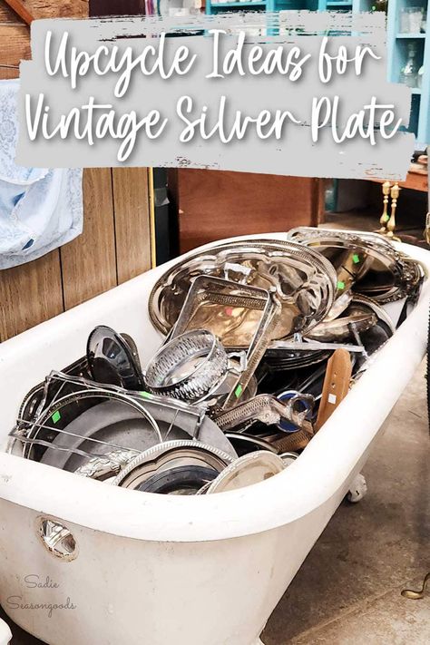 Vintage silver plate has a way of adding up at thrift stores. Stacks of trays, platters, serving dishes, and even silverware can usually be found at most secondhand shops. Thankfully, there are plenty of fun ways to repurpose all those silver-plated items, and not all of them involve paint! Silver Tray Wreath, Silver Platters Repurpose Diy, Upcycle Silver Tea Set, Repurpose Silver Tea Set, Silver Plated Trays Repurposed, Silver Display Ideas, Upcycle Silver Trays, Repurposed Silver Trays, Upcycle China Dishes