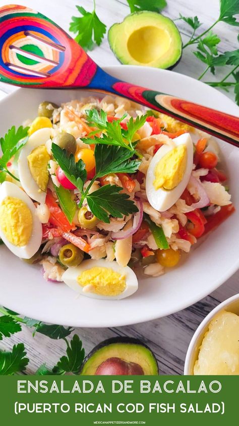 Prepare this iconic Puerto Rican dish, Ensalada de Bacalao (Bacalao Salad), in under an hour! This delicious and easy-to-make codfish salad is a staple of Puerto Rican cuisine that comes together quickly and easily with just a few ingredients. Serve this zesty salad chilled or at room temperature. #ensaladadebacalao #ensaladadebacalaopuertorico #bacalaosalad #saltedcodfishsalad via @mexicanappetizersandmore Pasta Salad Puerto Rican, Puerto Rican Potato Salad, Bacalao Recipe Puerto Rico, Bacalao Salad, Bacala Salad Italian Christmas, Spanish Seafood Salad, Pulpo Salad Puerto Rican, Bacalao Recipe, Zesty Salad