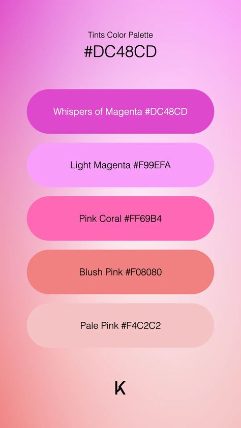 Tints Color Palette Whispers of Magenta #DC48CD · Light Magenta #F99EFA · Pink Coral #FF69B4 · Blush Pink #F08080 · Pale Pink #F4C2C2 Magenta Color Palette, Light Magenta, Hex Color Palette, Magenta Color, Color Pallete, Hex Colors, Colour Tint, Pink Coral, The Senses